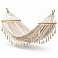 Amaca in cotone con frange intrecciate e legno 200x150 cm Beige