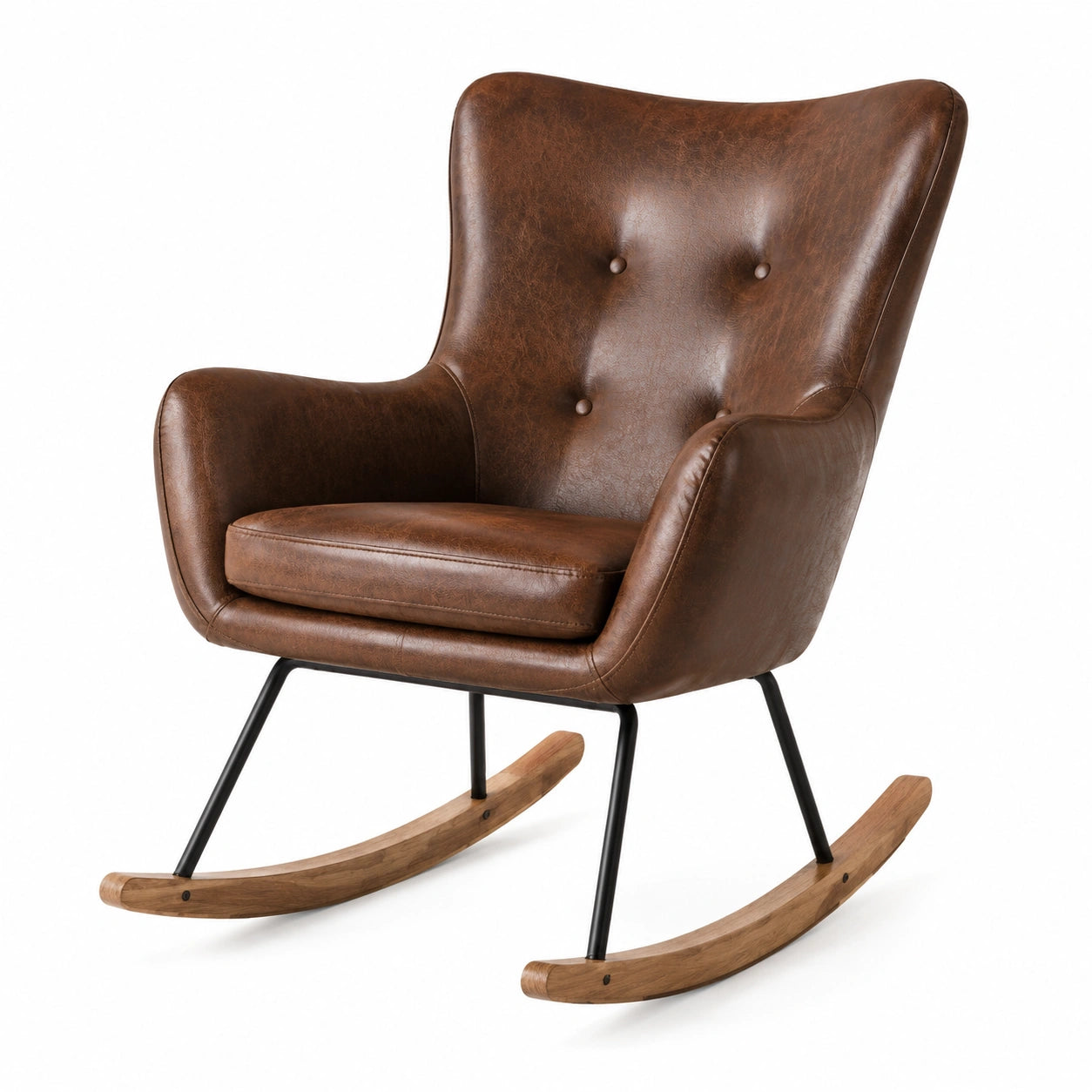 Poltrona a dondolo in pelle sintetica marrone con base in legno e metallo