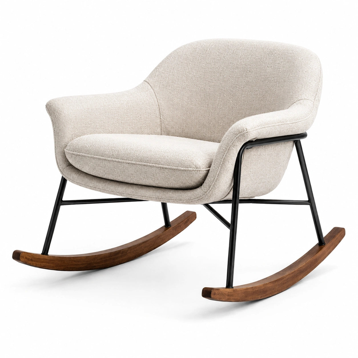 Sedia a dondolo in tessuto beige con struttura in metallo e base in legno