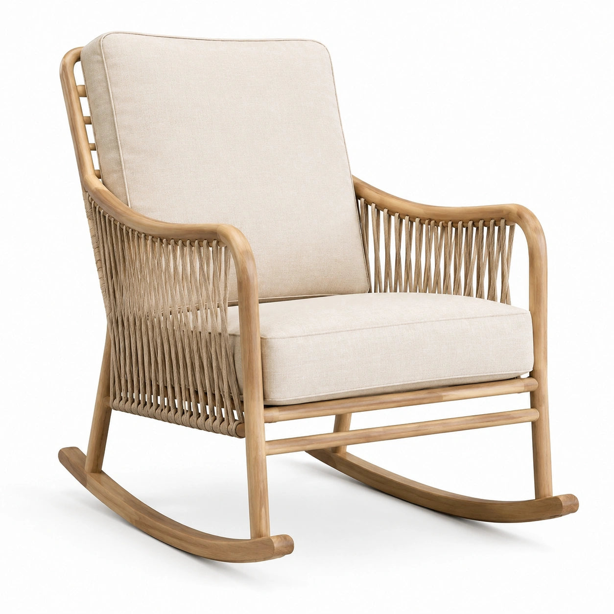 Sedia a dondolo in legno e rattan con cuscini beige