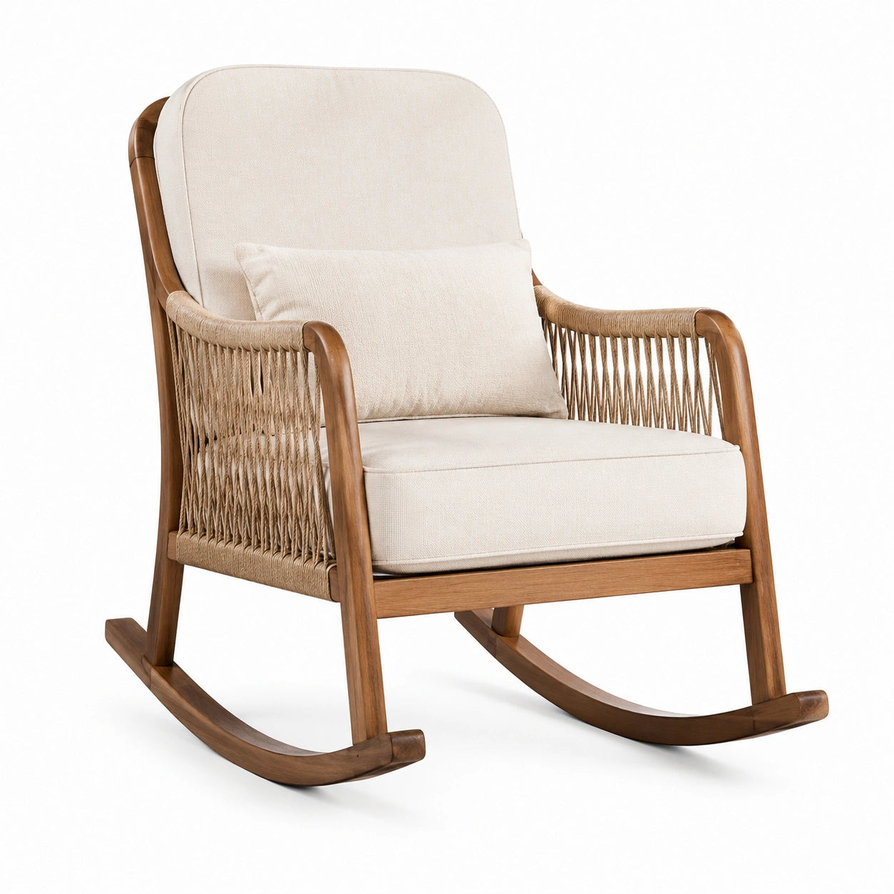 Sedia a dondolo in legno con intreccio e imbottitura in poliestere beige