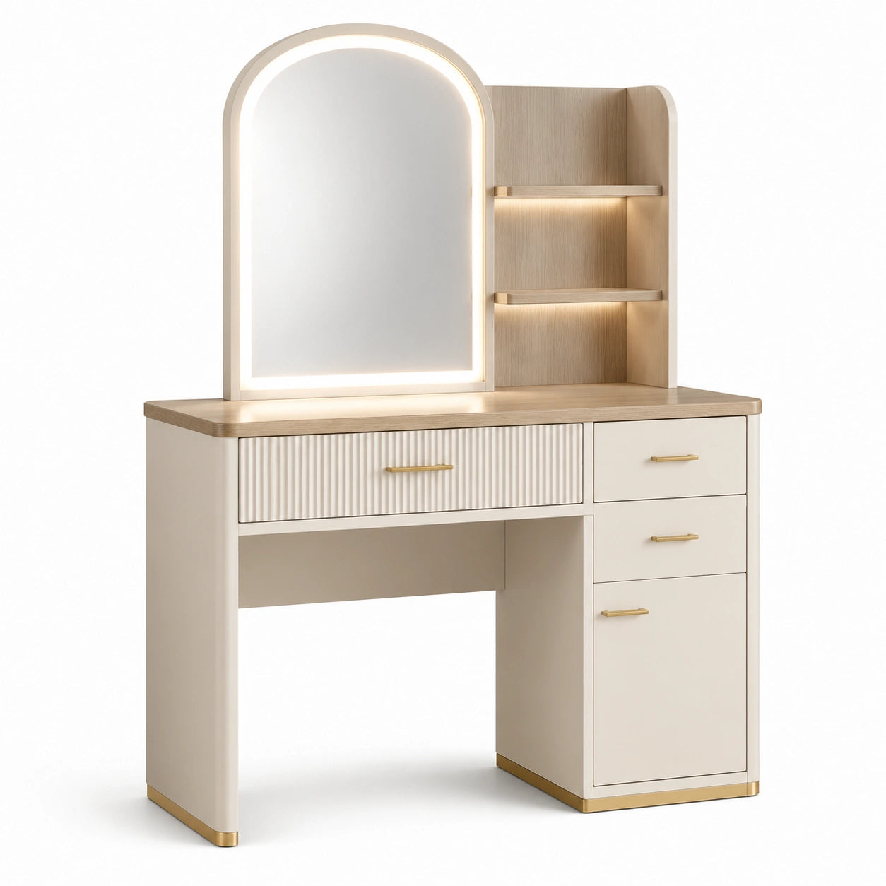 Tavolo Toeletta con Specchio a LED e Ripiani, Bianco e Legno MDF, 140cm
