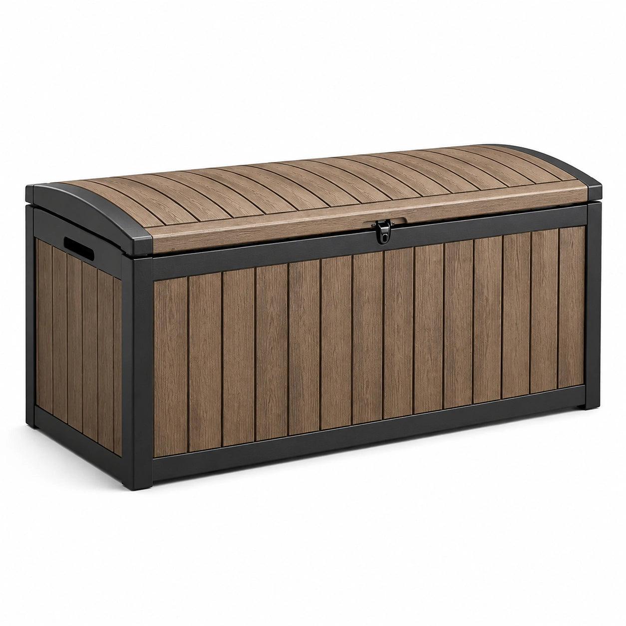 Baule da giardino in plastica effetto legno con struttura in metallo marrone e nero