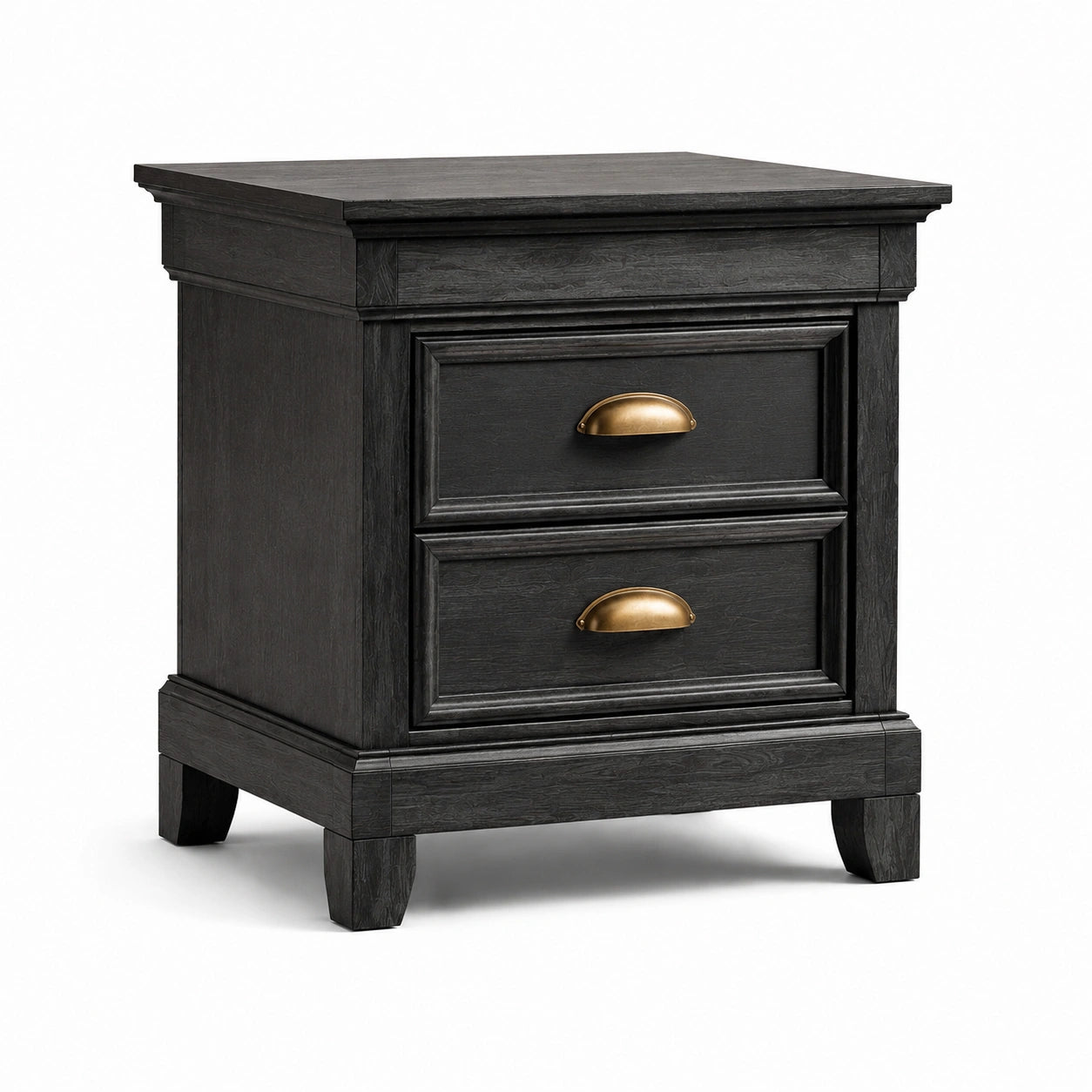 Comodino in legno con cassetti e maniglie in ottone, nero
