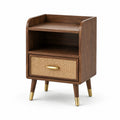 Comodino in Legno con Cassetto in Rattan e Gambe in Ottone
