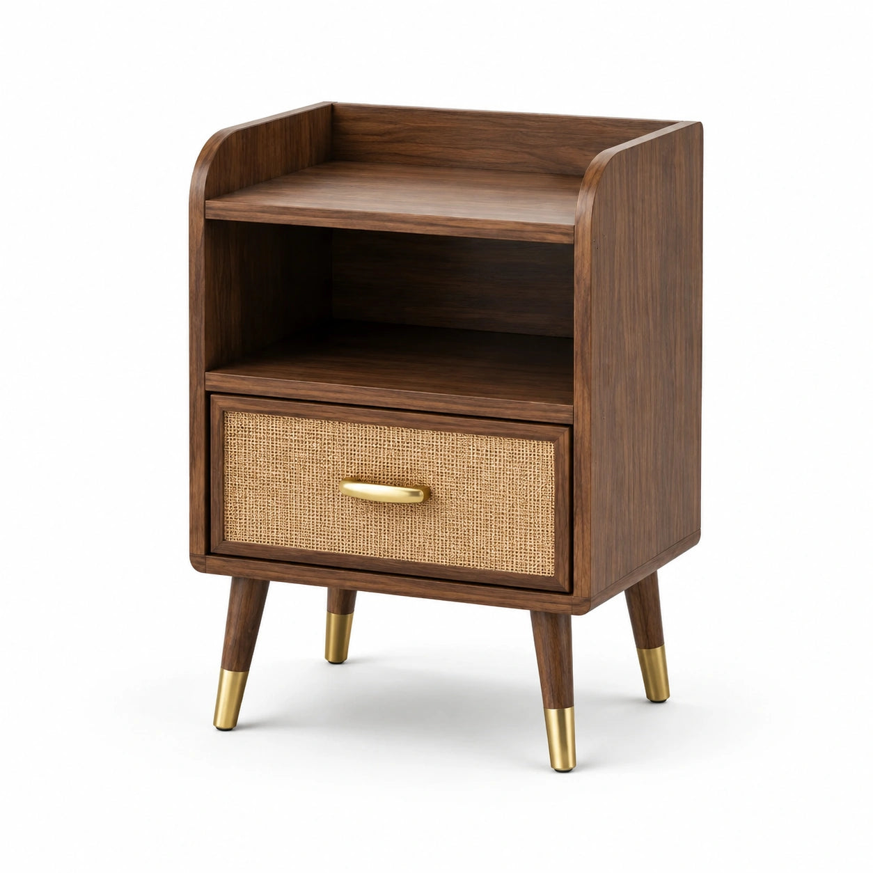 Comodino in Legno con Cassetto in Rattan e Gambe in Ottone