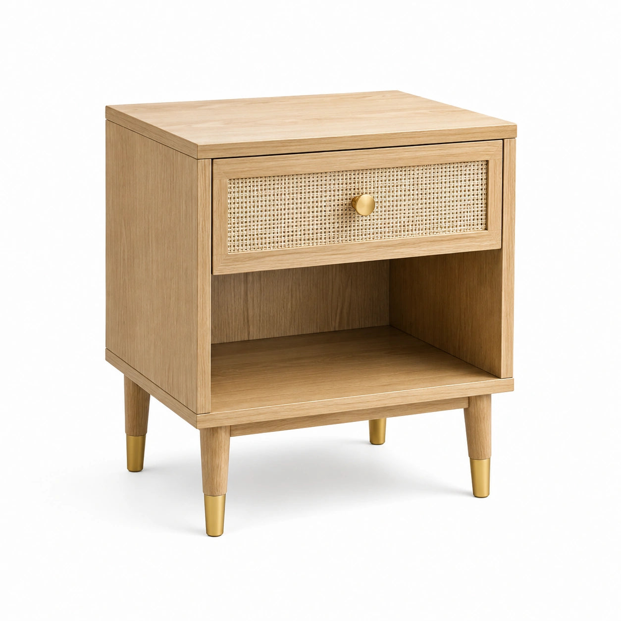 Comodino in Legno con Cassetto in Rattan e Dettagli Dorati