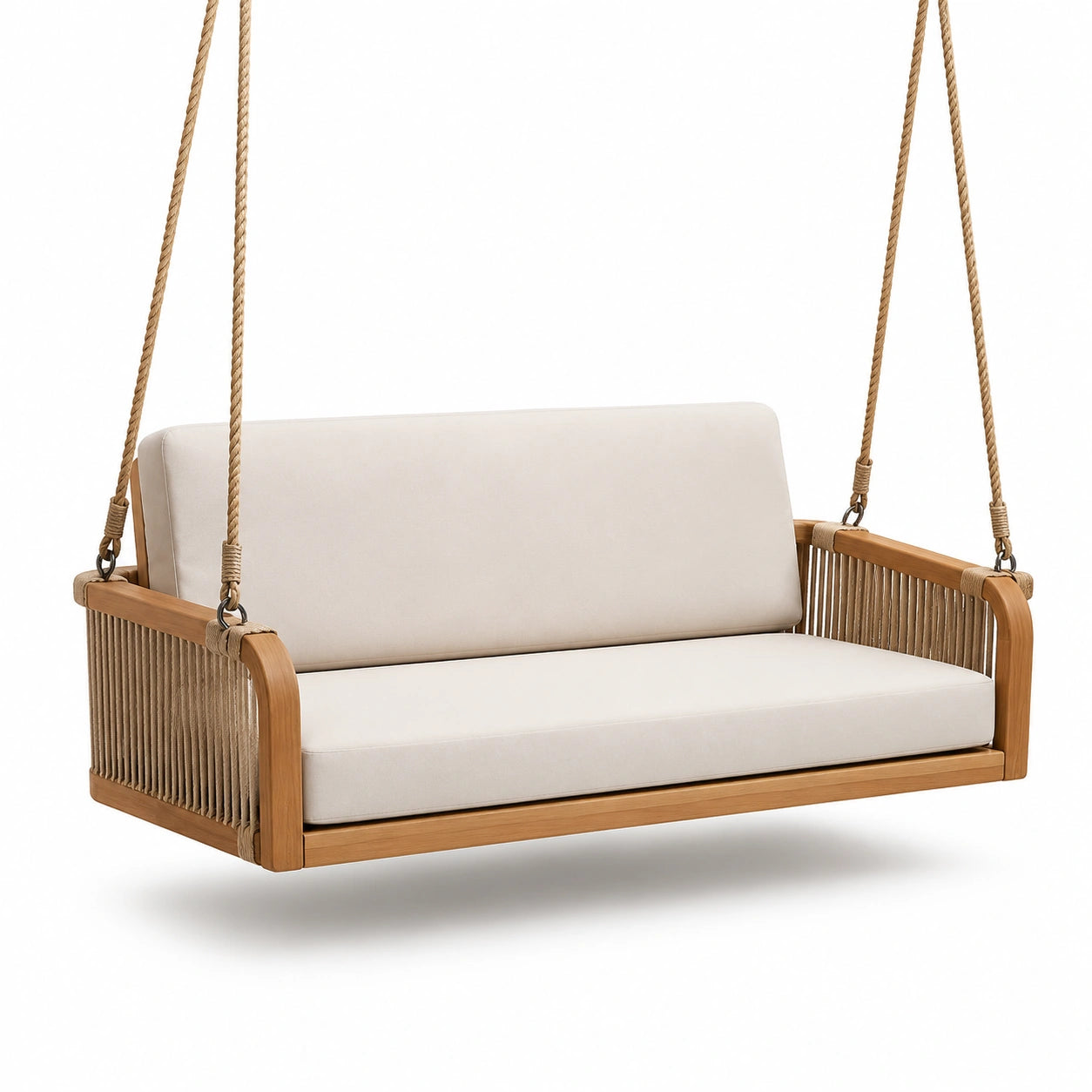 Dondolo in legno di teak con cuscini in poliestere beige