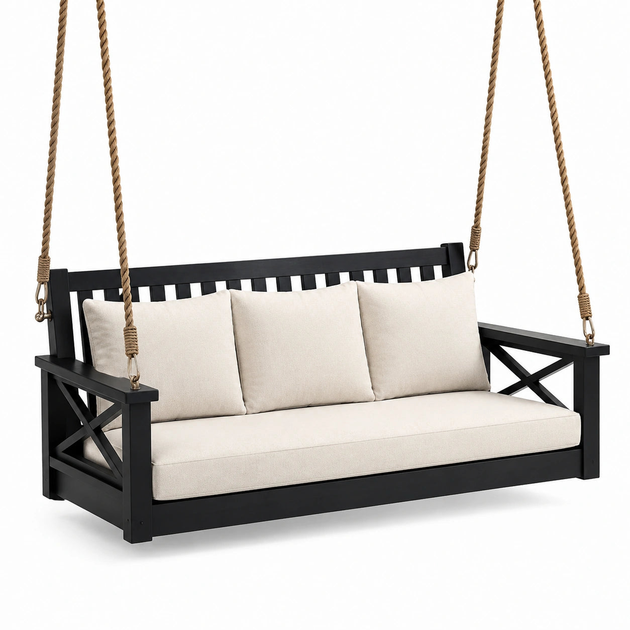 Altalena in Legno con Cuscini in Tessuto Nero e Beige
