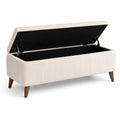 Cassapanca in velluto a coste beige con gambe in legno