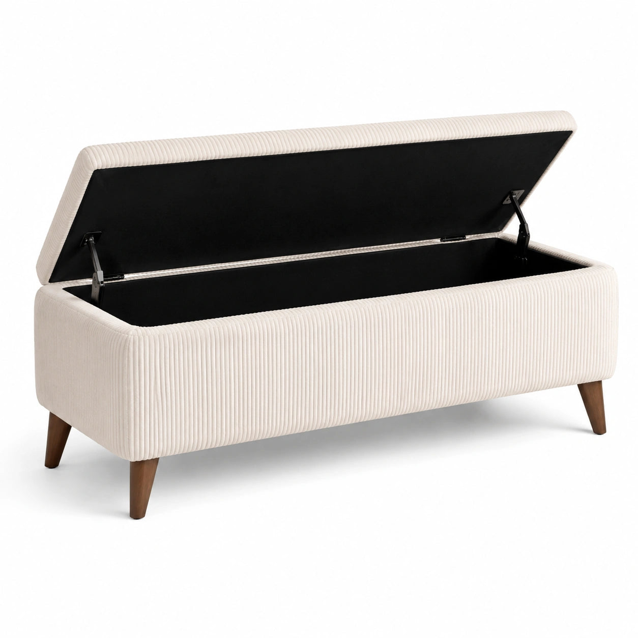 Cassapanca in velluto a coste beige con gambe in legno