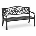 Panchina da giardino in metallo nero con schienale decorato