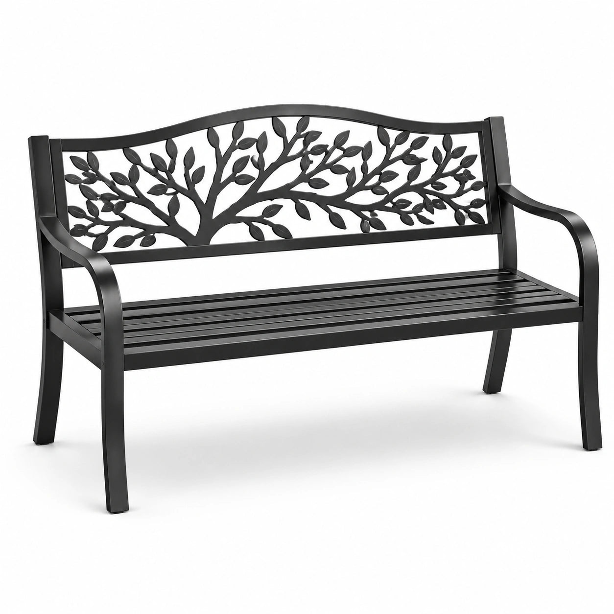 Panchina da giardino in metallo nero con schienale decorato