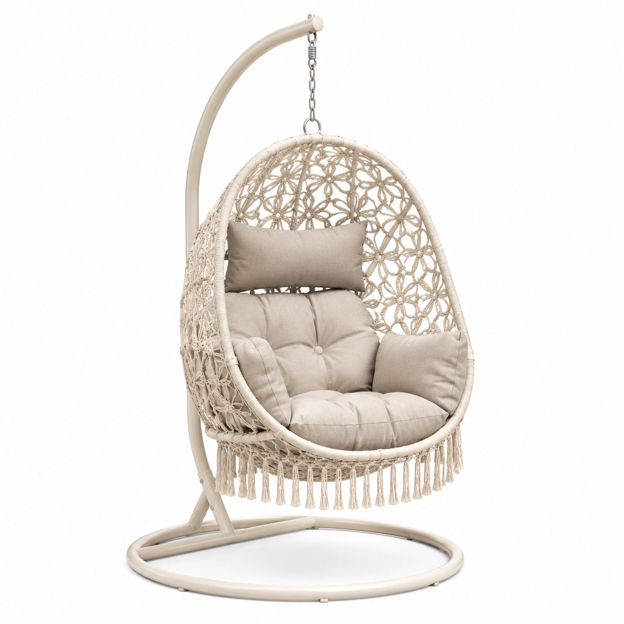Sedia sospesa in metallo e rattan sintetico crema