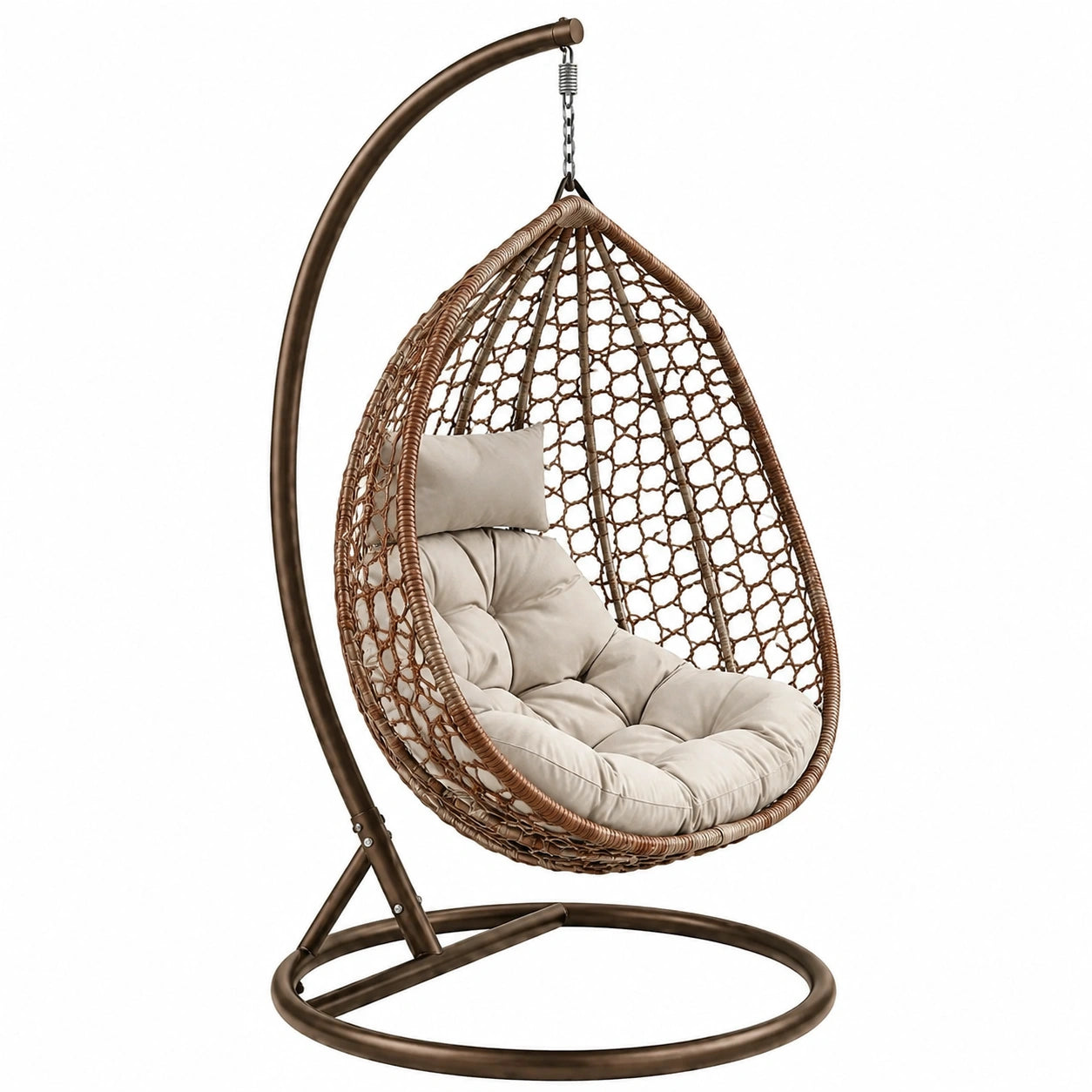 Sedia a dondolo sospesa in rattan sintetico con cuscini beige e struttura in metallo